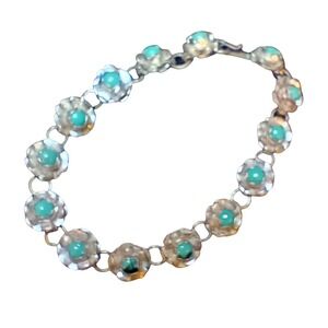 Sterling Silver & Turquoise Child's Flowered Bracelet Mexico 925 Vintage SKUJ056